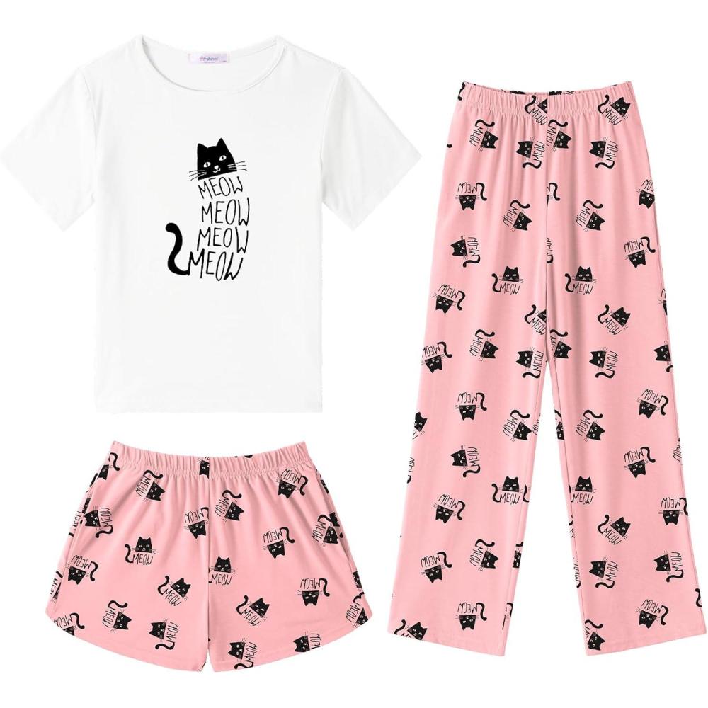 imageArshiner Girls Pajama Set 3 Piece Short Sleeve Sleepwear Summer Soft Cute Pjs OutfitsCat