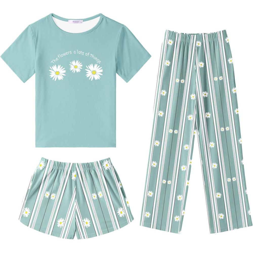 imageArshiner Girls Pajama Set 3 Piece Short Sleeve Sleepwear Summer Soft Cute Pjs OutfitsGreen Daisy
