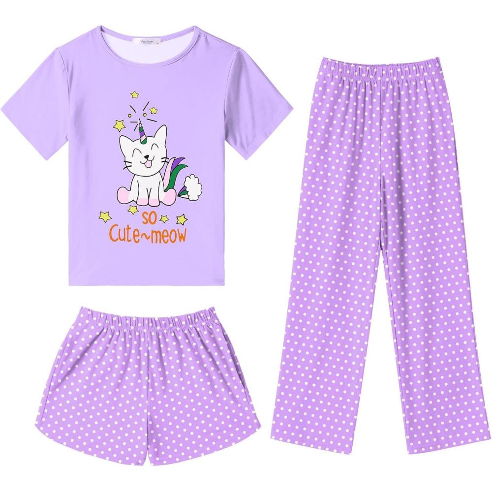 imageArshiner Girls Pajama Set 3 Piece Short Sleeve Sleepwear Summer Soft Cute Pjs OutfitsPurple Cat