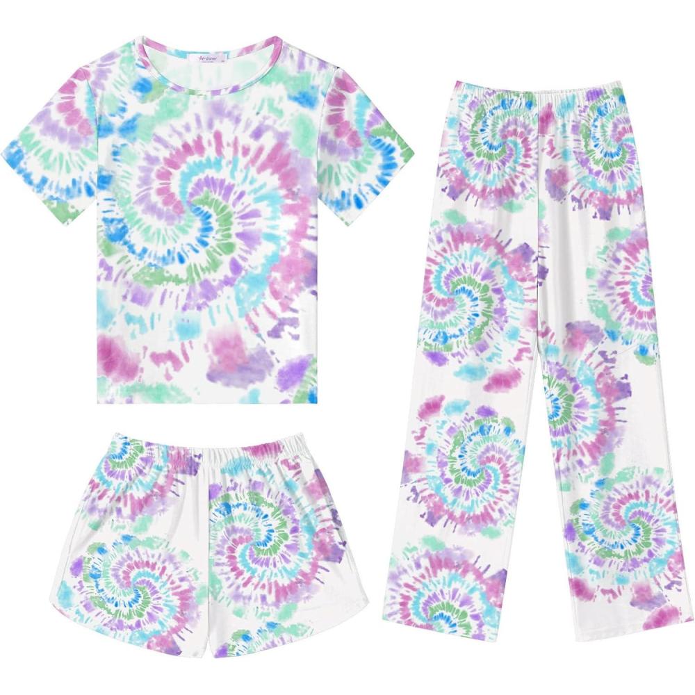imageArshiner Girls Pajama Set 3 Piece Short Sleeve Sleepwear Summer Soft Cute Pjs OutfitsTie Dye Swirl