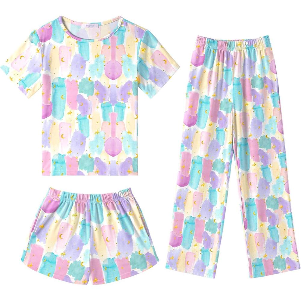 imageArshiner Girls Pajama Set 3 Piece Short Sleeve Sleepwear Summer Soft Cute Pjs OutfitsWatercolor