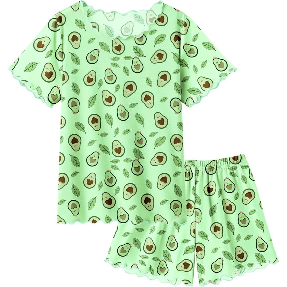 imageArshiner Girls Pajama Set Short Sleeve Lounge Set Soft Shirring Summer Sleepwear Pj SetsAvocado
