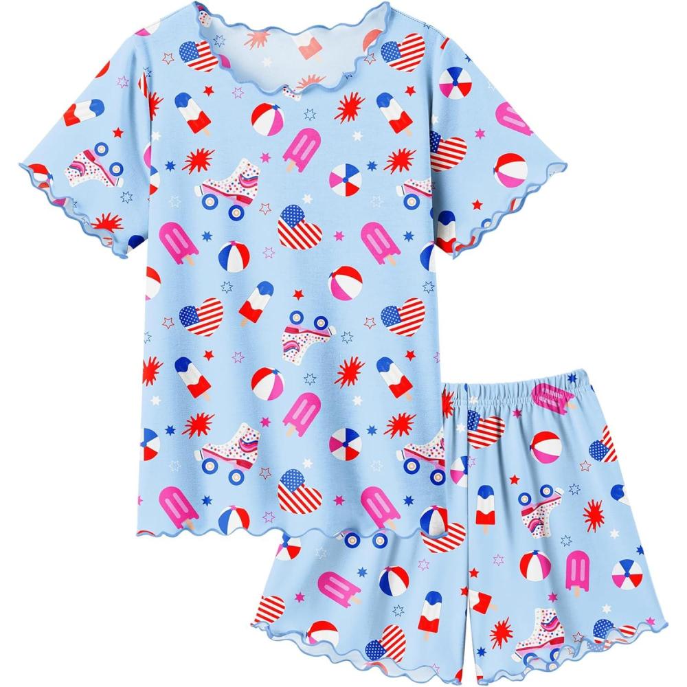 imageArshiner Girls Pajama Set Short Sleeve Lounge Set Soft Shirring Summer Sleepwear Pj SetsLight Blue Roller Skate