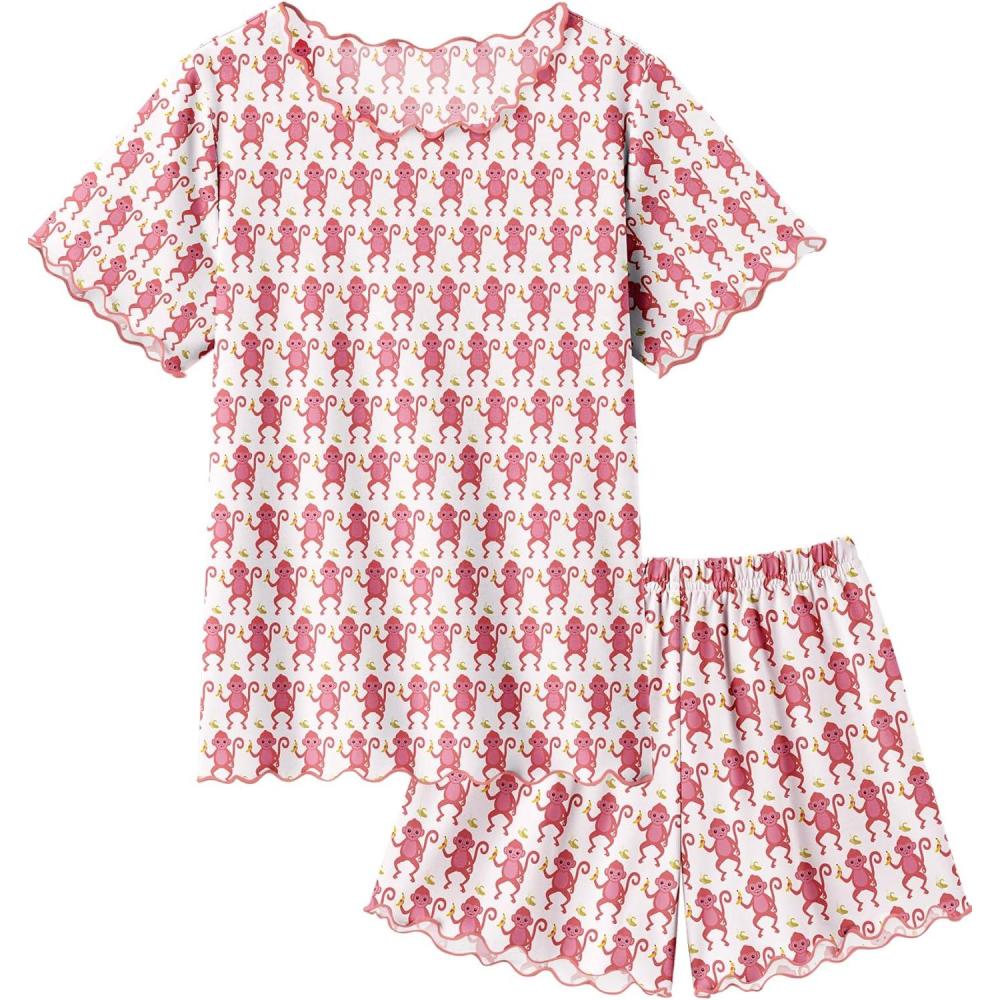 imageArshiner Girls Pajama Set Short Sleeve Lounge Set Soft Shirring Summer Sleepwear Pj SetsMonkey