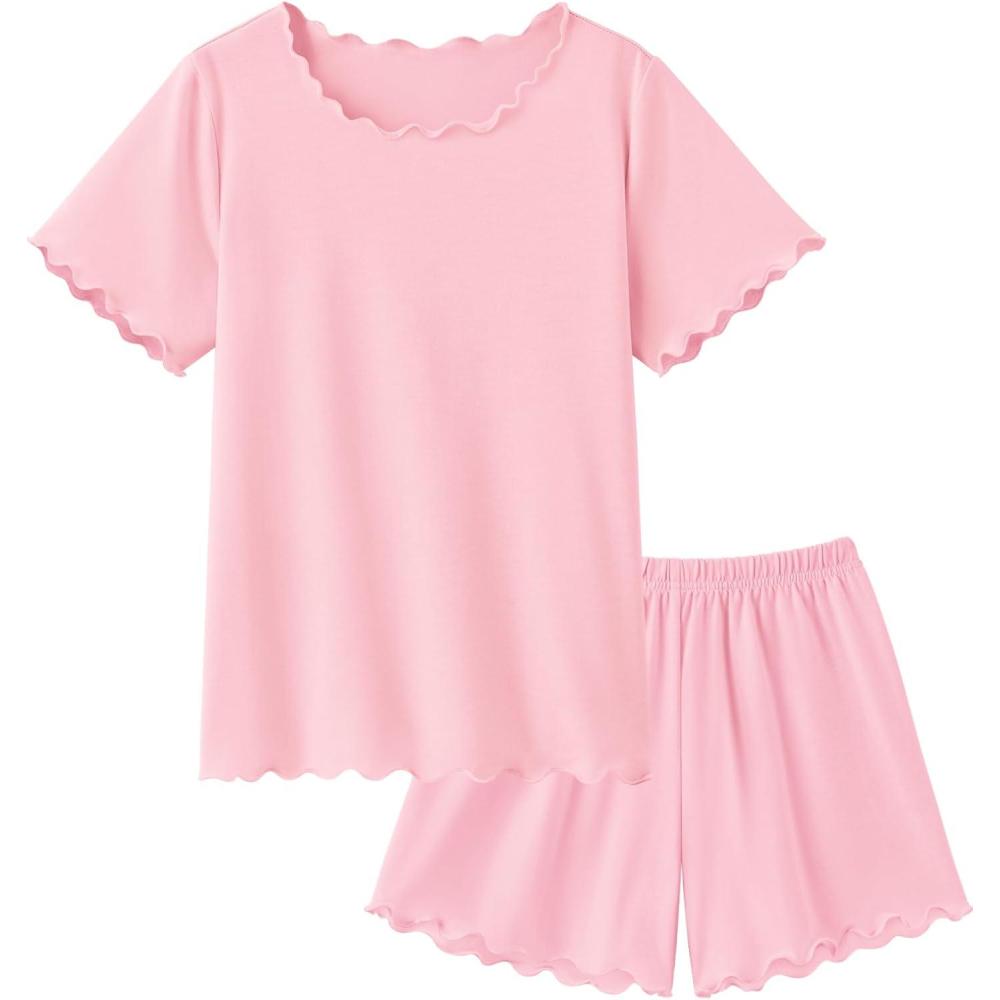 imageArshiner Girls Pajama Set Short Sleeve Lounge Set Soft Shirring Summer Sleepwear Pj SetsPink
