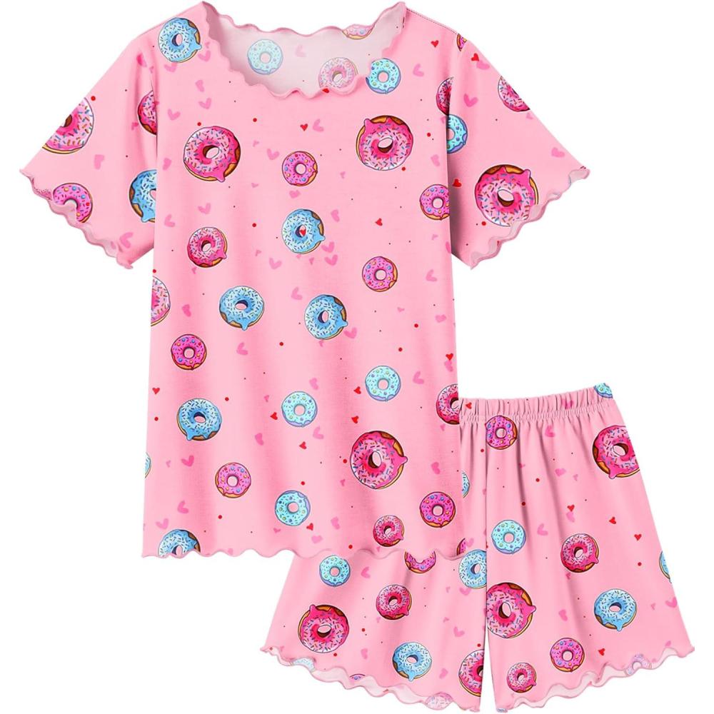 imageArshiner Girls Pajama Set Short Sleeve Lounge Set Soft Shirring Summer Sleepwear Pj SetsPink Donut