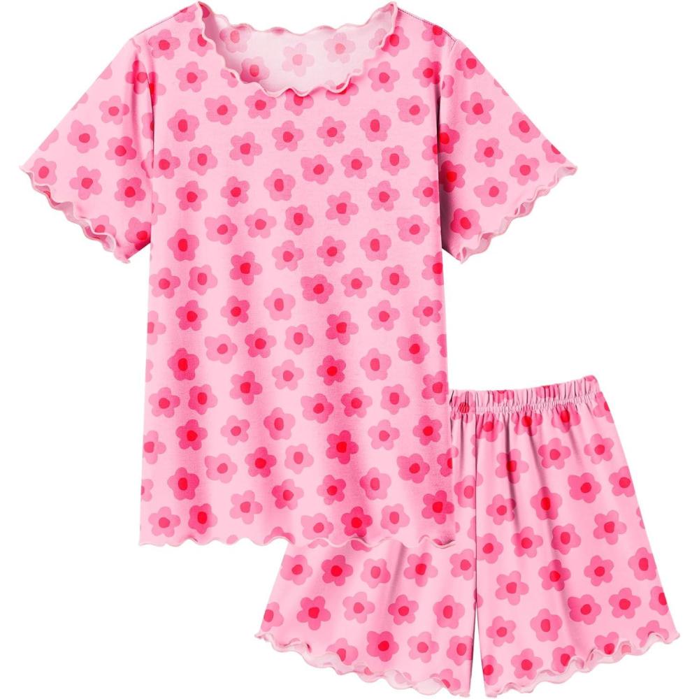 imageArshiner Girls Pajama Set Short Sleeve Lounge Set Soft Shirring Summer Sleepwear Pj SetsPink Flowers