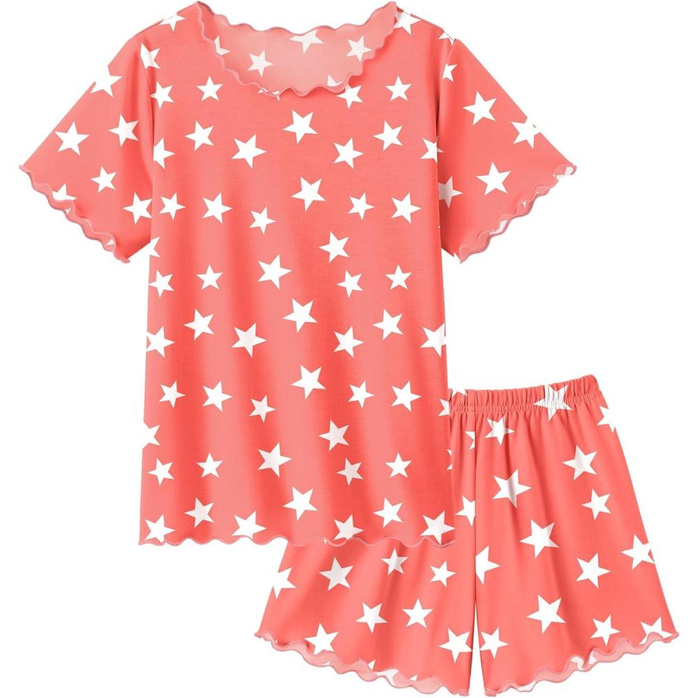 imageArshiner Girls Pajama Set Short Sleeve Lounge Set Soft Shirring Summer Sleepwear Pj SetsPink Stars