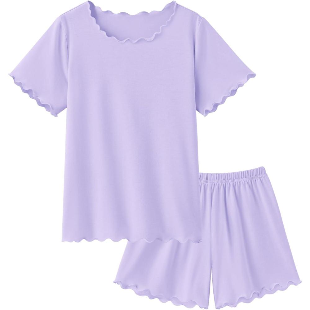 imageArshiner Girls Pajama Set Short Sleeve Lounge Set Soft Shirring Summer Sleepwear Pj SetsPurple