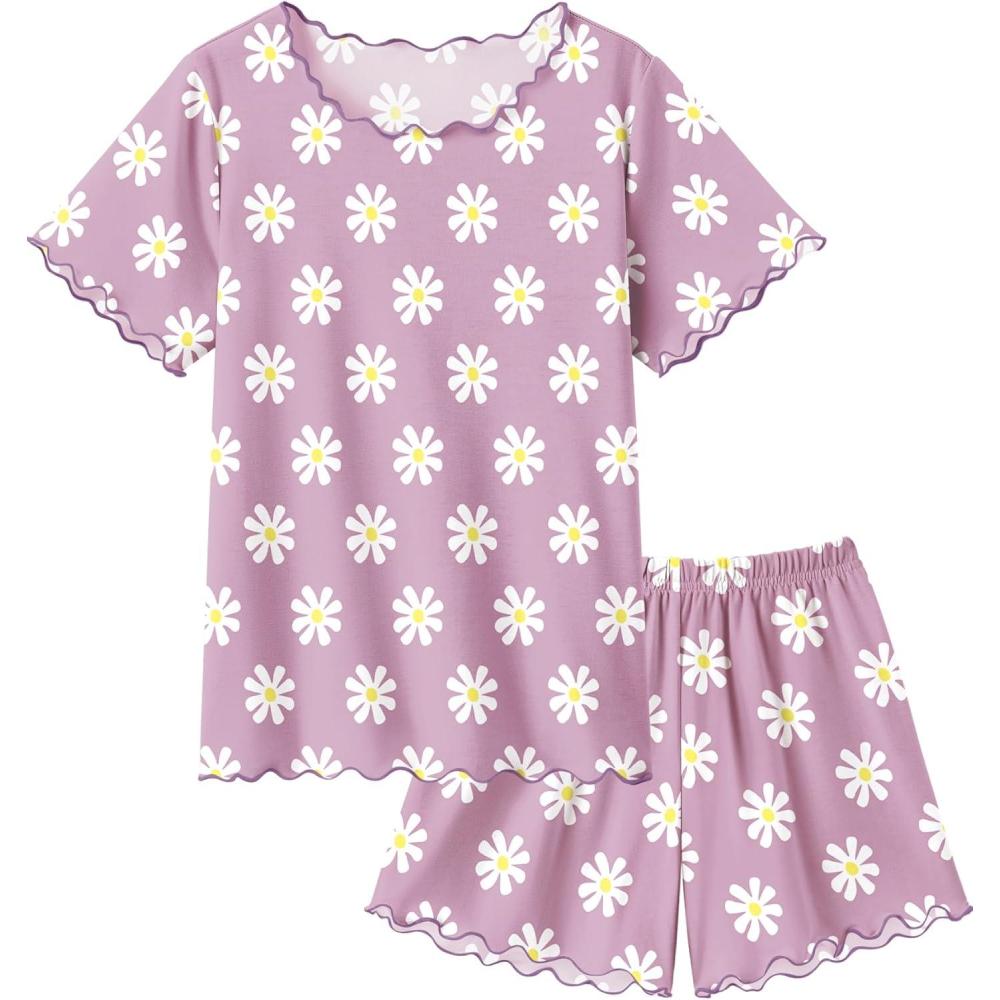 imageArshiner Girls Pajama Set Short Sleeve Lounge Set Soft Shirring Summer Sleepwear Pj SetsPurple Flowers