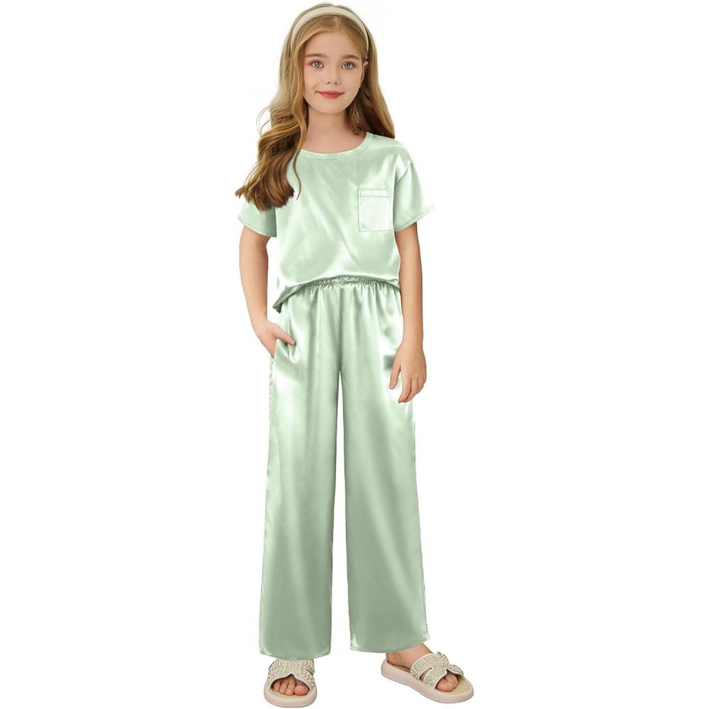 imageArshiner Girls Pajama Sets Satin Pajamas Soft Silk Pjs Short Sleeve Lounge Set SleepwearLight Green