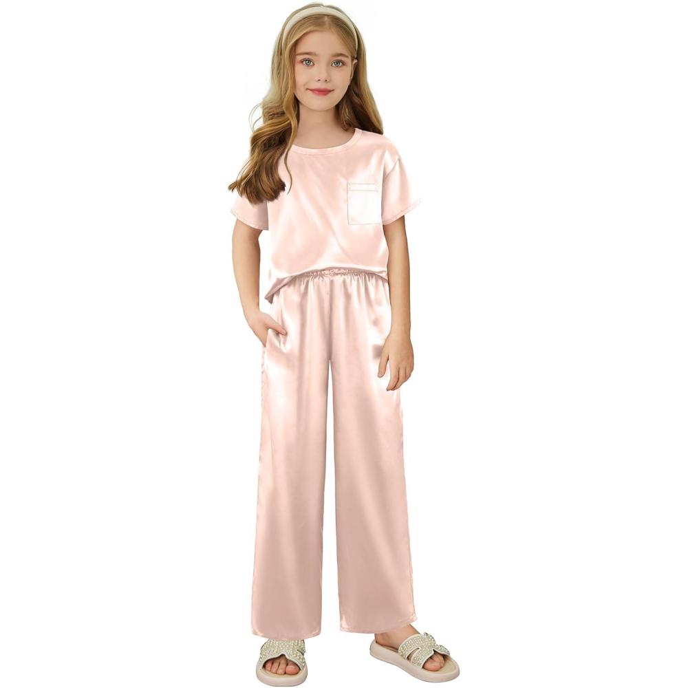 imageArshiner Girls Pajama Sets Satin Pajamas Soft Silk Pjs Short Sleeve Lounge Set SleepwearLight Pink