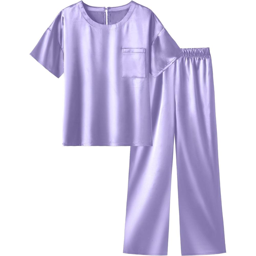 imageArshiner Girls Pajama Sets Satin Pajamas Soft Silk Pjs Short Sleeve Lounge Set SleepwearLight Purple