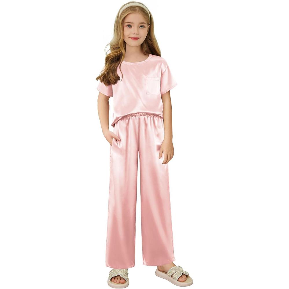 imageArshiner Girls Pajama Sets Satin Pajamas Soft Silk Pjs Short Sleeve Lounge Set SleepwearLotus Root Pink