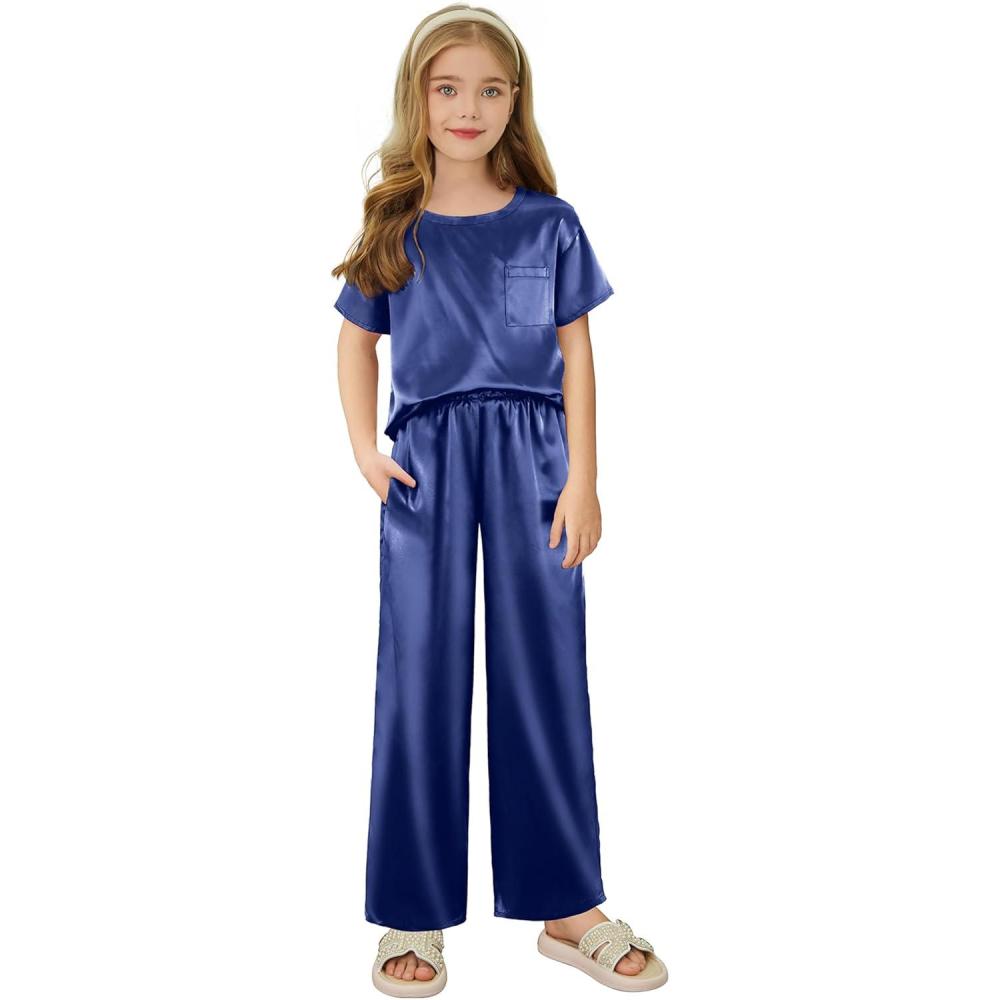 imageArshiner Girls Pajama Sets Satin Pajamas Soft Silk Pjs Short Sleeve Lounge Set SleepwearNavy