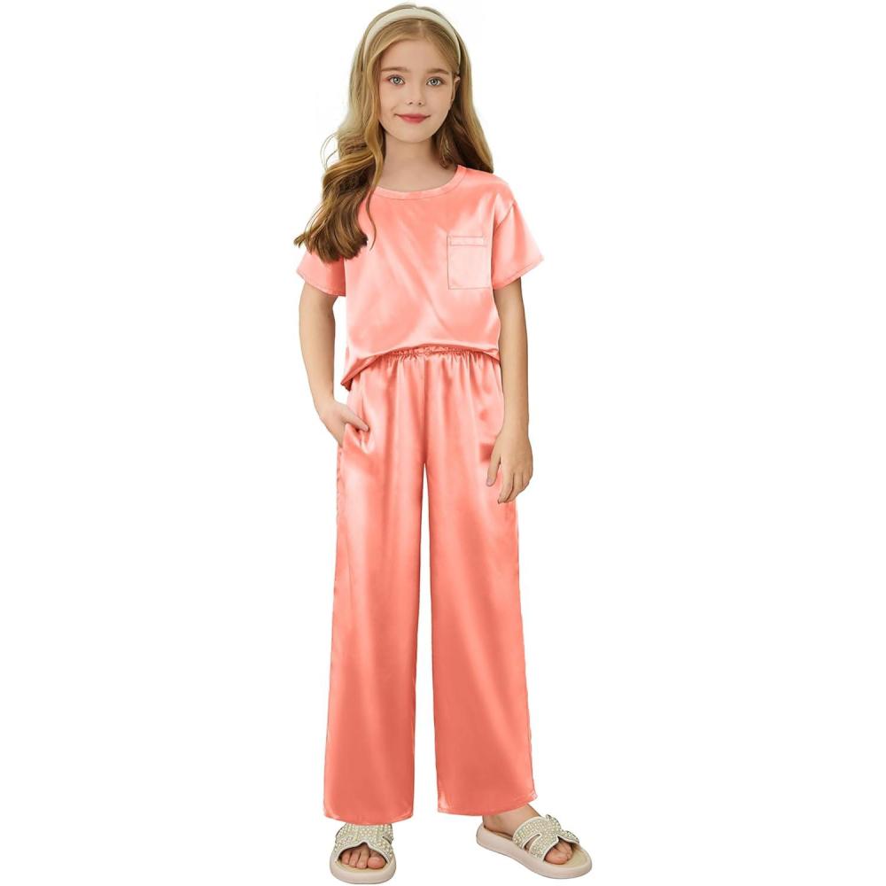 imageArshiner Girls Pajama Sets Satin Pajamas Soft Silk Pjs Short Sleeve Lounge Set SleepwearOrange Pink