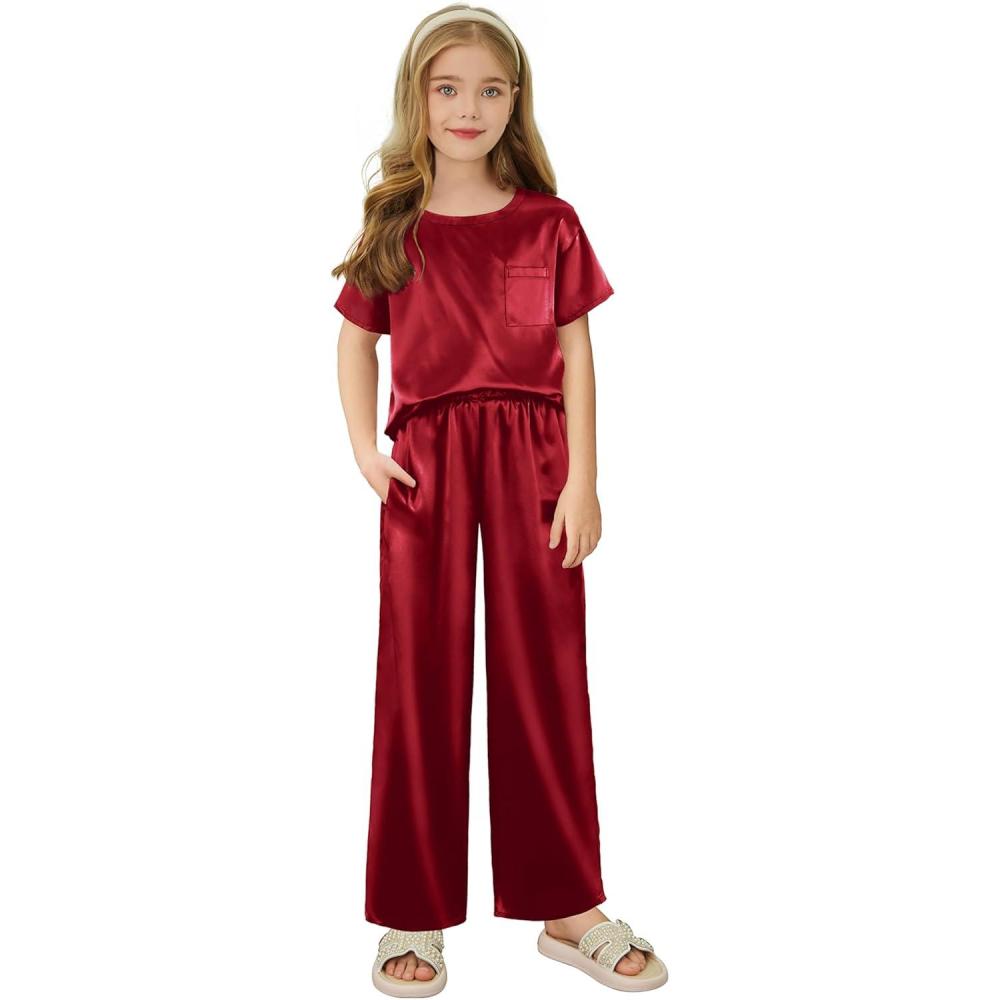 imageArshiner Girls Pajama Sets Satin Pajamas Soft Silk Pjs Short Sleeve Lounge Set SleepwearRed