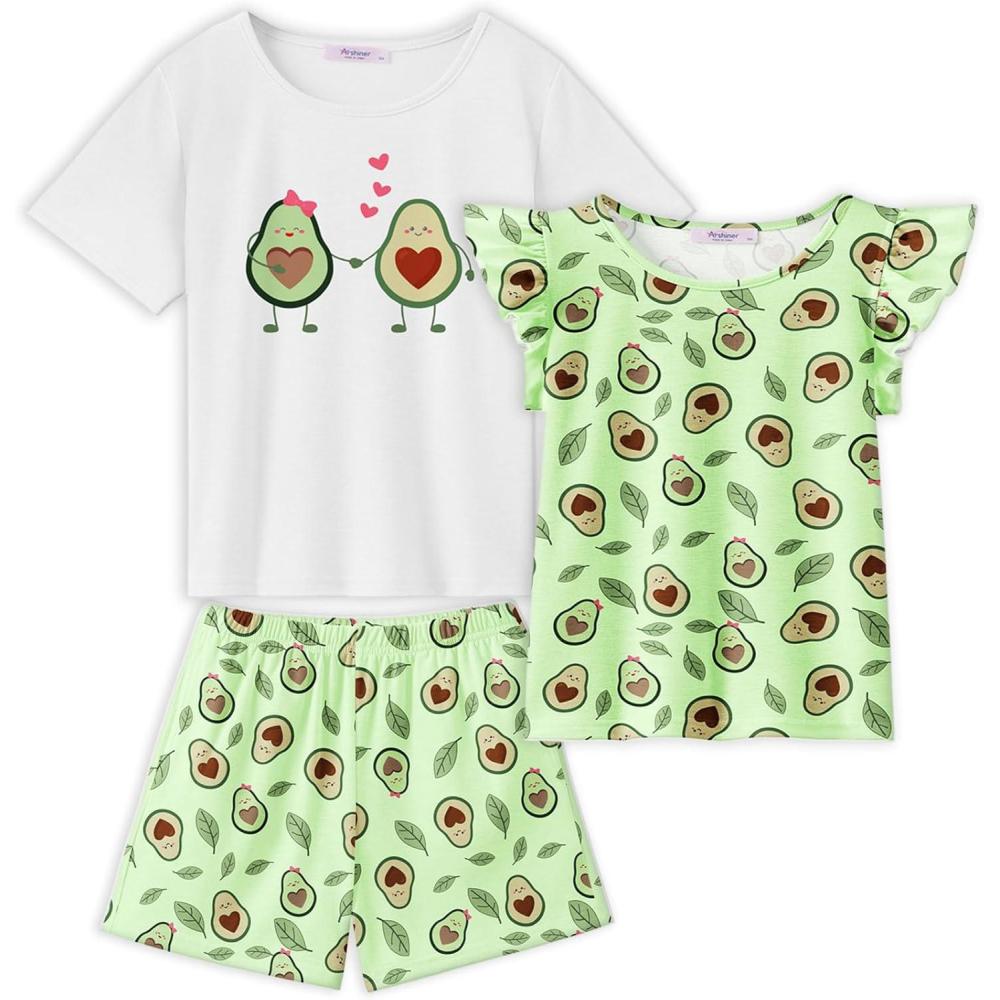 imageArshiner Girls Pajamas Set Short Sleeve Pjs Sleepwear 3PCS Summer Lounge Sets NightwearAvocado