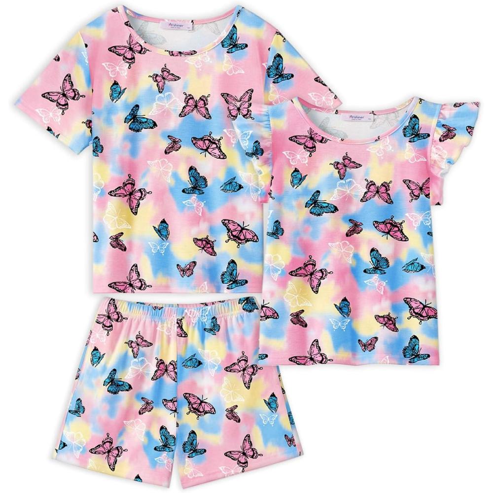 imageArshiner Girls Pajamas Set Short Sleeve Pjs Sleepwear 3PCS Summer Lounge Sets NightwearButterfly Tiedye