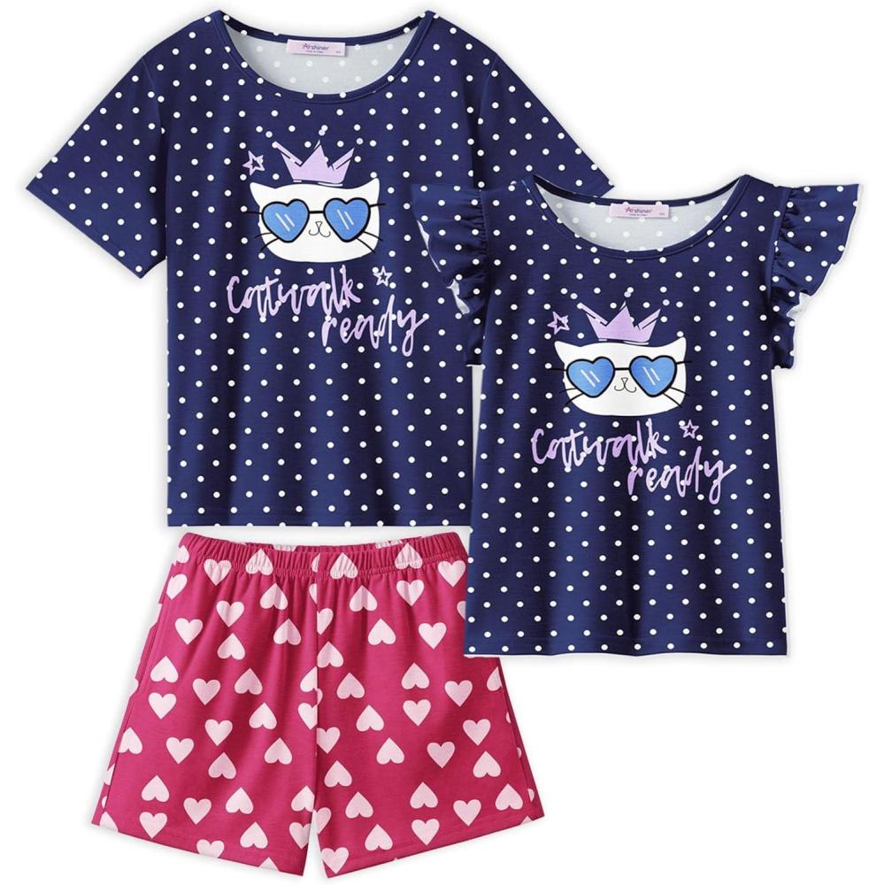 imageArshiner Girls Pajamas Set Short Sleeve Pjs Sleepwear 3PCS Summer Lounge Sets NightwearCat