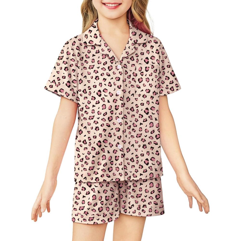 imageArshiner Girls Pajamas Sets Short Sleeve Kids Pjs Button Down Sleepwear for 413YBeige Leopard