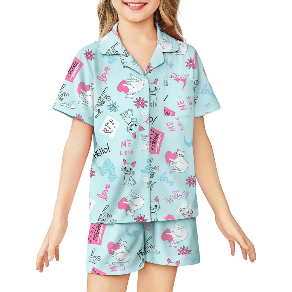 imageArshiner Girls Pajamas Sets Short Sleeve Kids Pjs Button Down Sleepwear for 413YBlue Cat