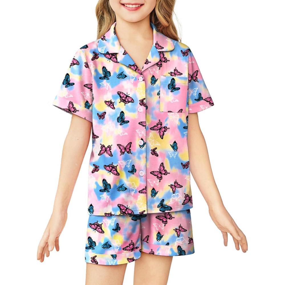 imageArshiner Girls Pajamas Sets Short Sleeve Kids Pjs Button Down Sleepwear for 413YButterfly Tiedye