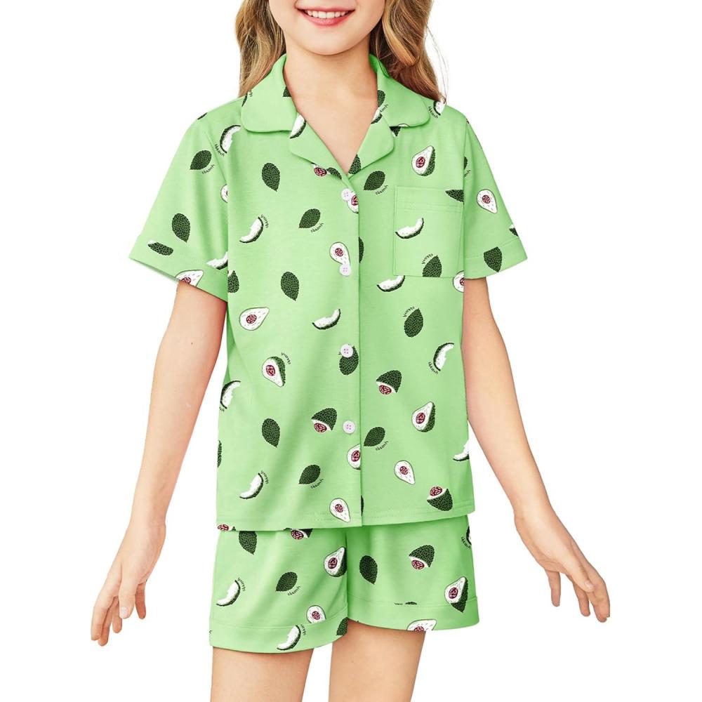 imageArshiner Girls Pajamas Sets Short Sleeve Kids Pjs Button Down Sleepwear for 413YGreen Avocado