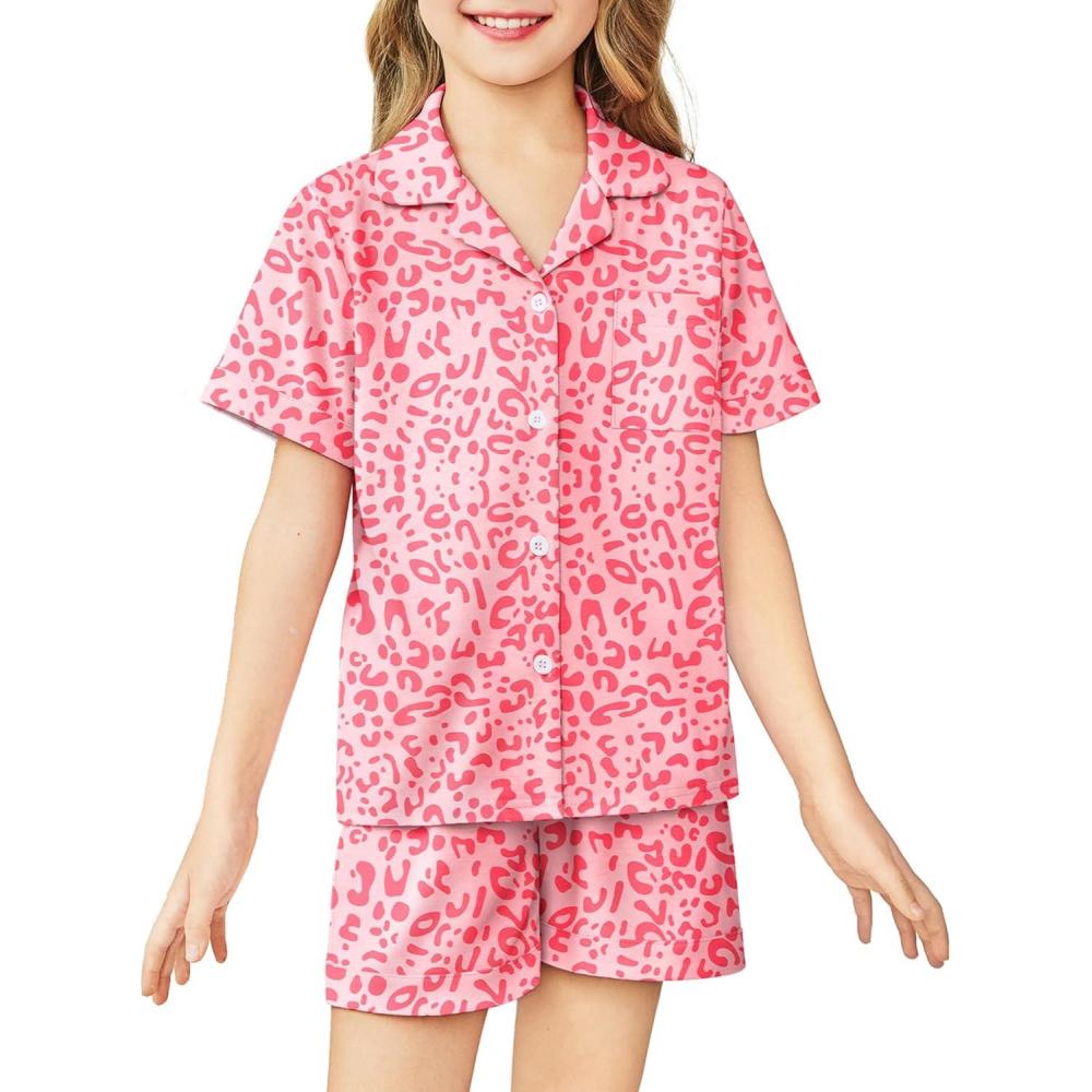 imageArshiner Girls Pajamas Sets Short Sleeve Kids Pjs Button Down Sleepwear for 413YPink Leopard