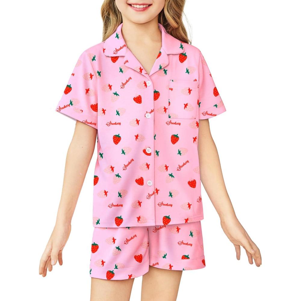 imageArshiner Girls Pajamas Sets Short Sleeve Kids Pjs Button Down Sleepwear for 413YPink Strawberry