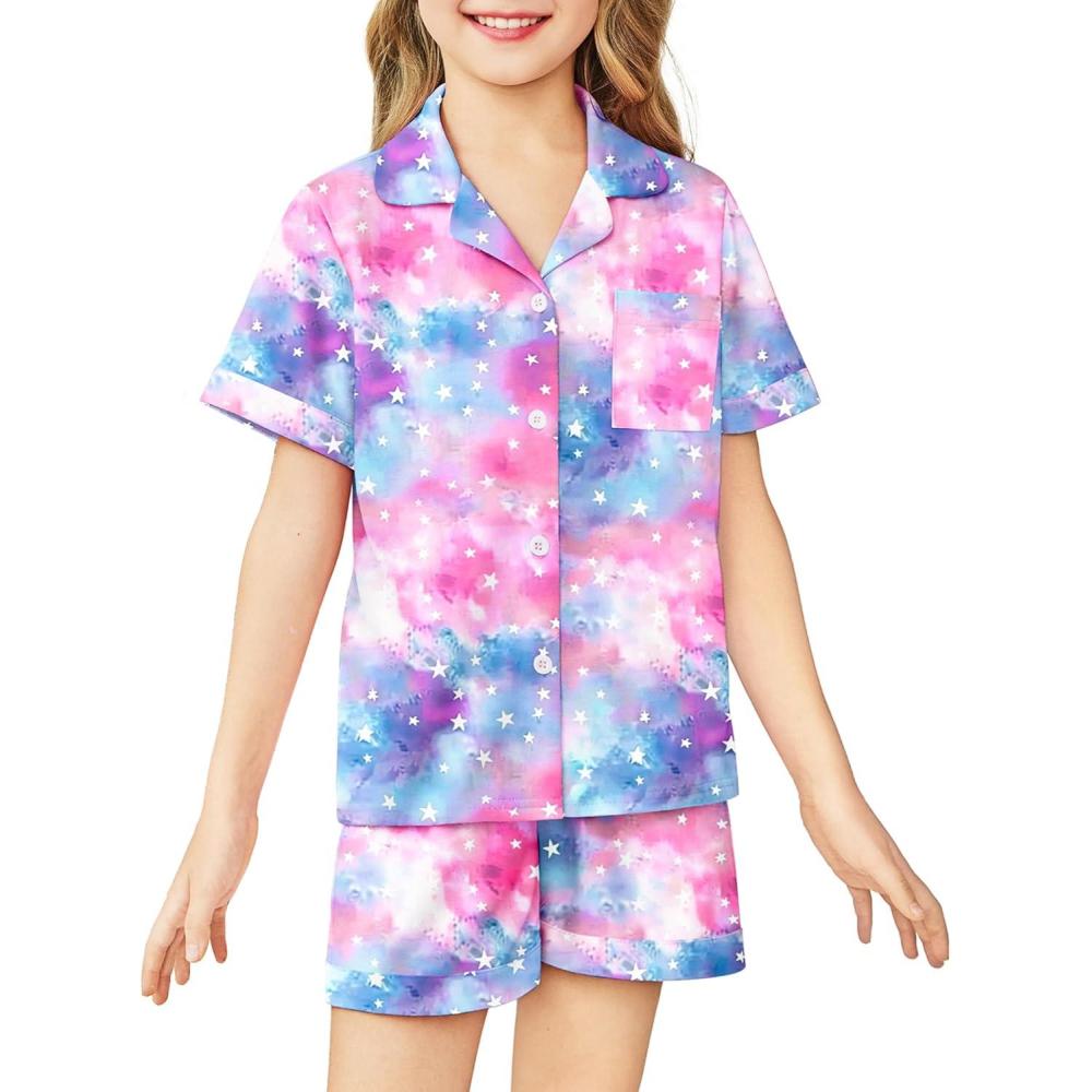 imageArshiner Girls Pajamas Sets Short Sleeve Kids Pjs Button Down Sleepwear for 413YPurple Tiedye