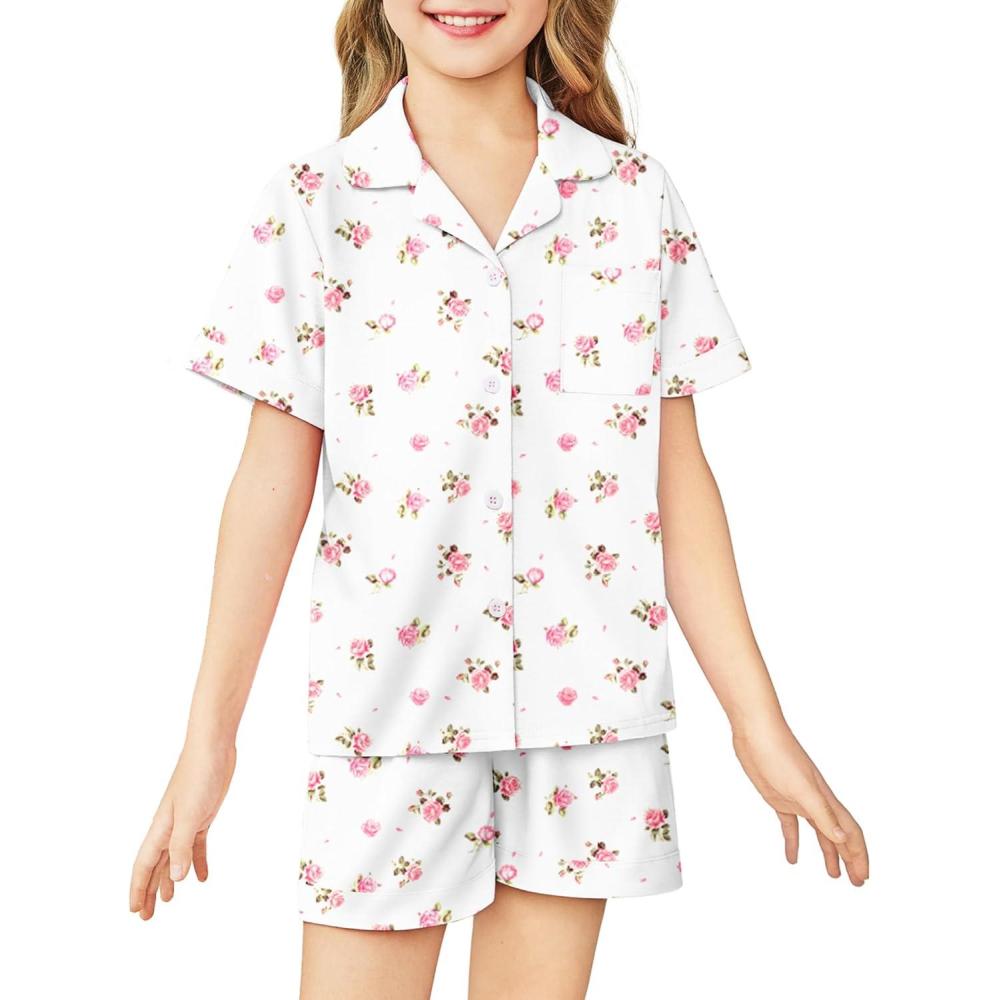 imageArshiner Girls Pajamas Sets Short Sleeve Kids Pjs Button Down Sleepwear for 413YWhite Flowers