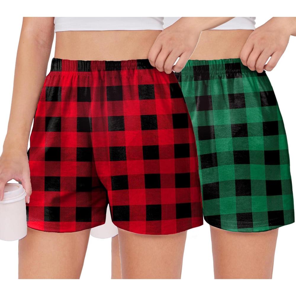 imageArshiner Girls Pajamas Shorts Casual Summer Lounge Sleep Pj 2Pack Plaid Shorts Beach BottomsRed  Green Plaid