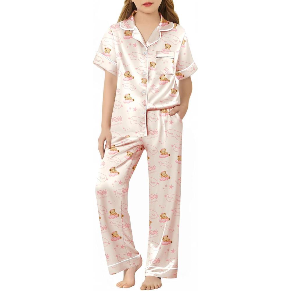 imageArshiner Girls Pajamas Silk Satin Button Down Pjs 2 Piece Short Sleeve Sleepwear SetApricot Teddy