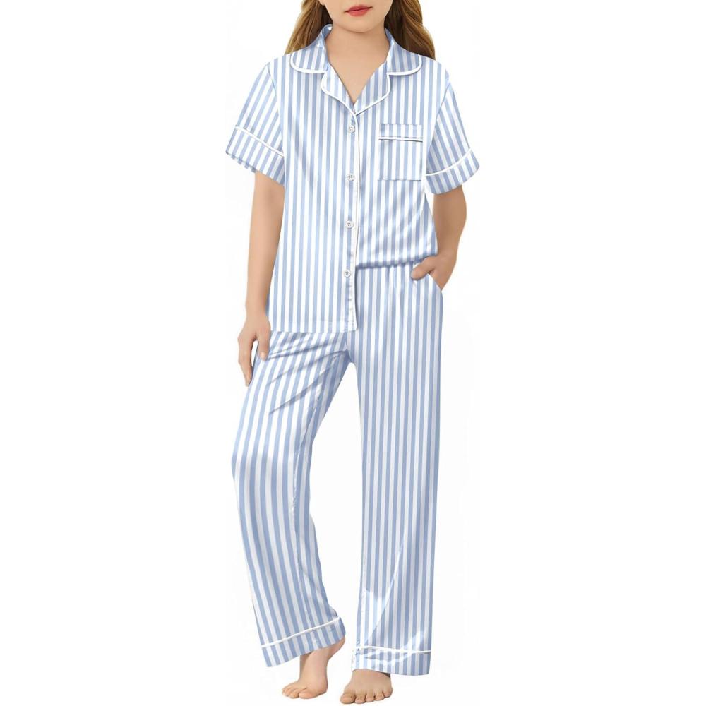 imageArshiner Girls Pajamas Silk Satin Button Down Pjs 2 Piece Short Sleeve Sleepwear SetBlue Stripe