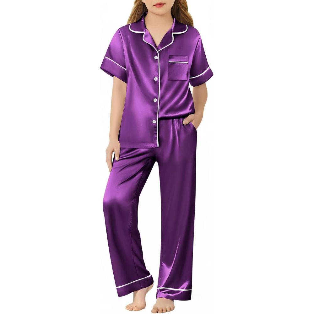 imageArshiner Girls Pajamas Silk Satin Button Down Pjs 2 Piece Short Sleeve Sleepwear SetDark Purple