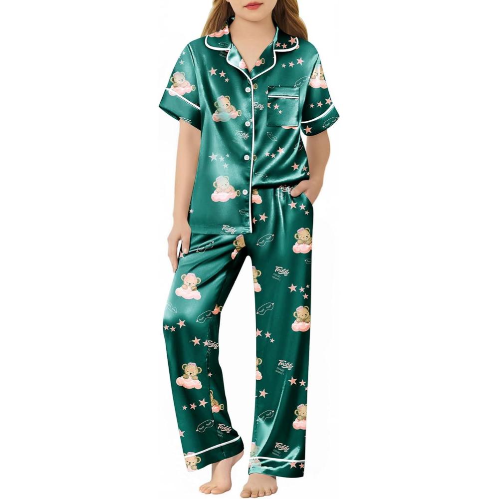 imageArshiner Girls Pajamas Silk Satin Button Down Pjs 2 Piece Short Sleeve Sleepwear SetGreen Teddy