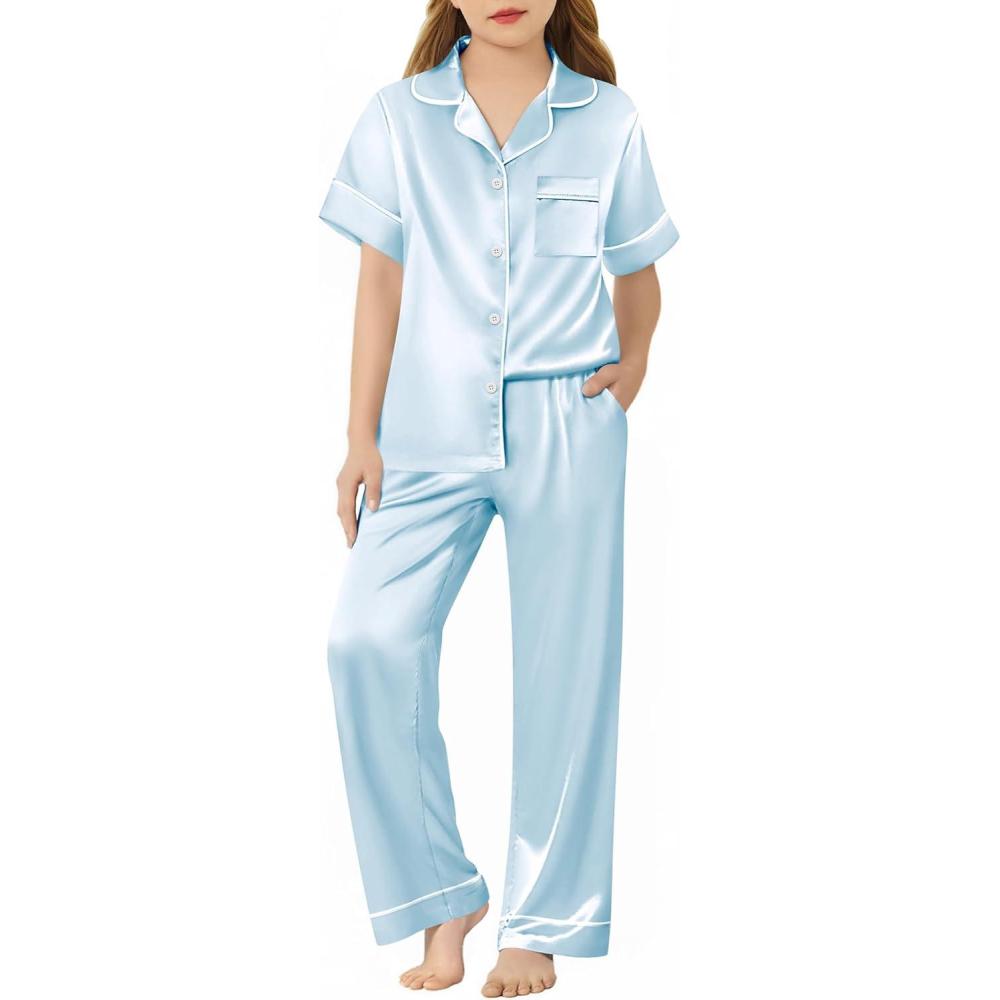 imageArshiner Girls Pajamas Silk Satin Button Down Pjs 2 Piece Short Sleeve Sleepwear SetLight Blue