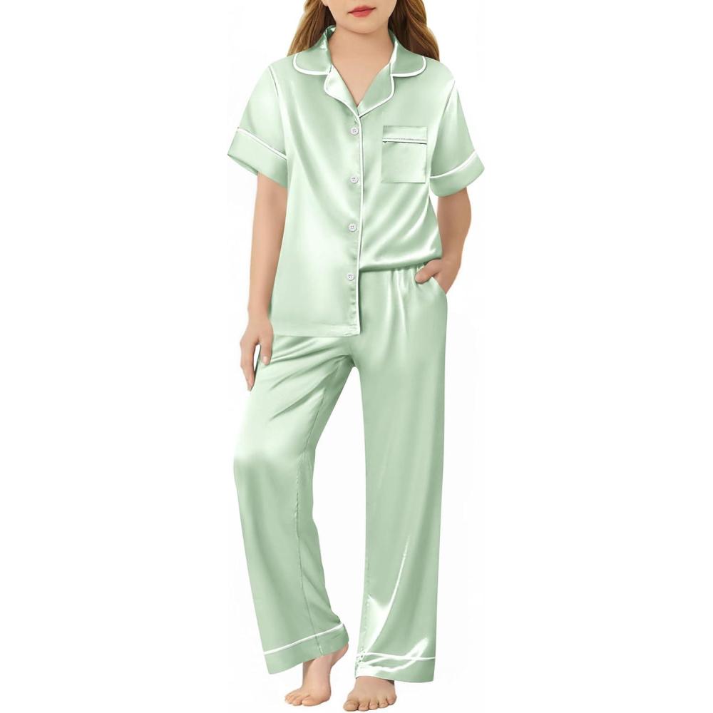 imageArshiner Girls Pajamas Silk Satin Button Down Pjs 2 Piece Short Sleeve Sleepwear SetLight Green