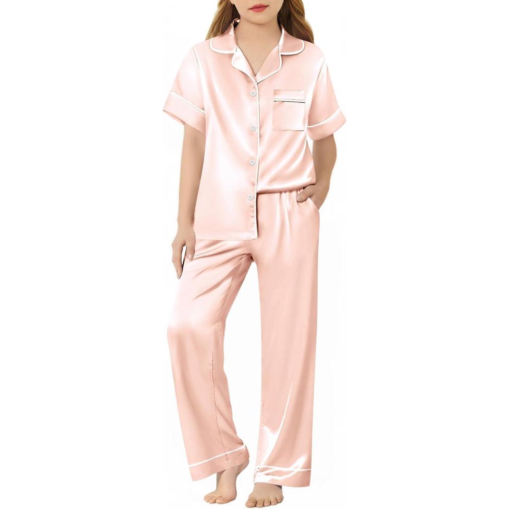 imageArshiner Girls Pajamas Silk Satin Button Down Pjs 2 Piece Short Sleeve Sleepwear SetLight Pink