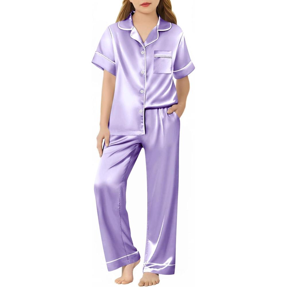 imageArshiner Girls Pajamas Silk Satin Button Down Pjs 2 Piece Short Sleeve Sleepwear SetLight Purple