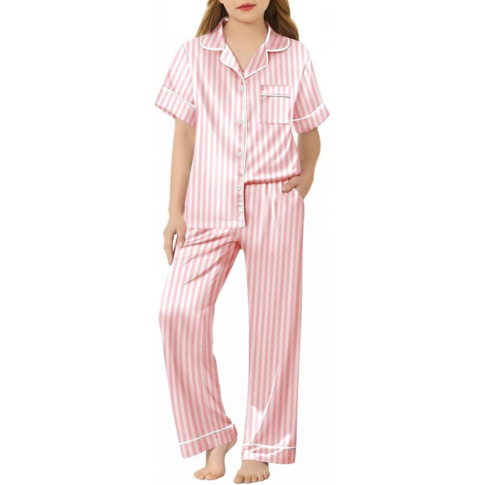 imageArshiner Girls Pajamas Silk Satin Button Down Pjs 2 Piece Short Sleeve Sleepwear SetPink Stripe