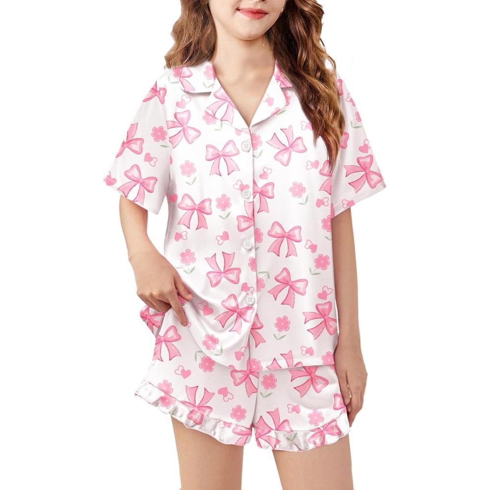 imageArshiner Girls Pajamas Silk Satin Pajama Set 2 Piece Button Down Pjs Ruffle SleepwearPink Bow