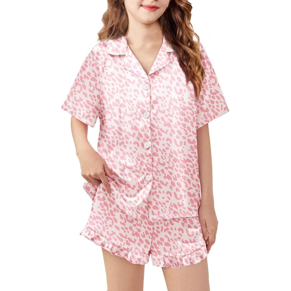 imageArshiner Girls Pajamas Silk Satin Pajama Set 2 Piece Button Down Pjs Ruffle SleepwearPink Leopard