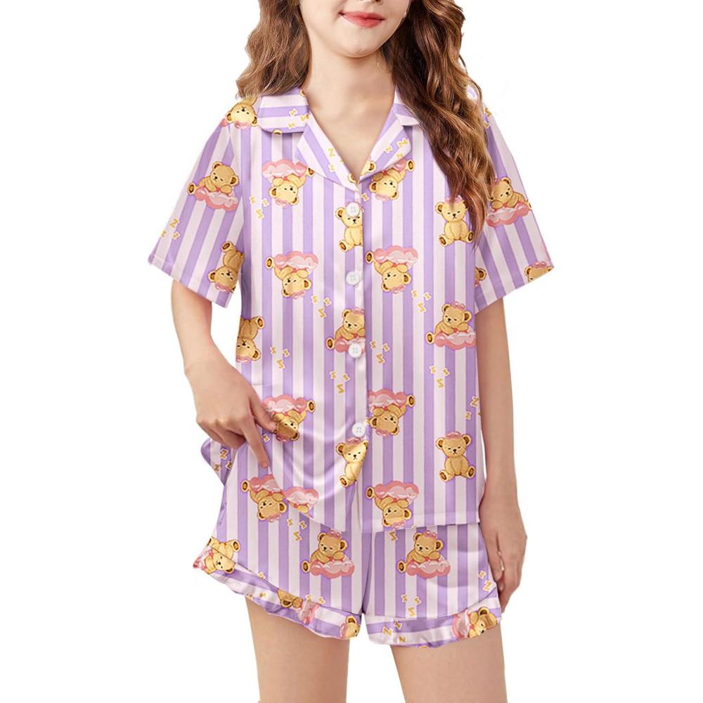 imageArshiner Girls Pajamas Silk Satin Pajama Set 2 Piece Button Down Pjs Ruffle SleepwearPurple Teddy