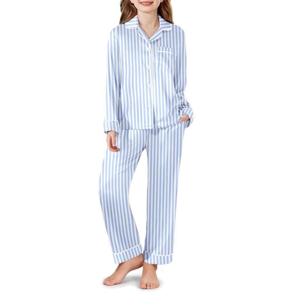 imageArshiner Girls Pajamas Silk Satin Pajama Set Long Sleeve Pjs Button Down SleepwearBlue Stripes