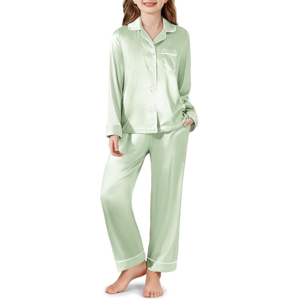 imageArshiner Girls Pajamas Silk Satin Pajama Set Long Sleeve Pjs Button Down SleepwearLight Green