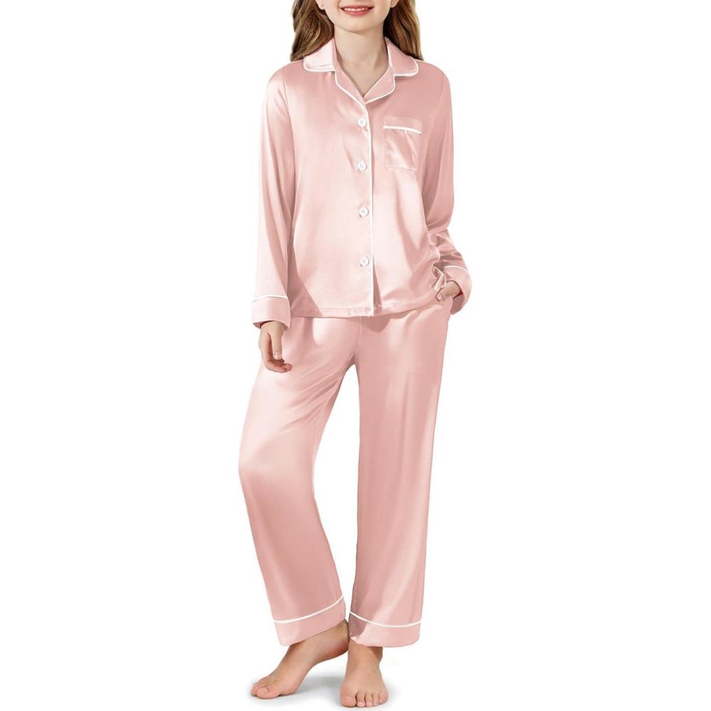 imageArshiner Girls Pajamas Silk Satin Pajama Set Long Sleeve Pjs Button Down SleepwearLight Pink