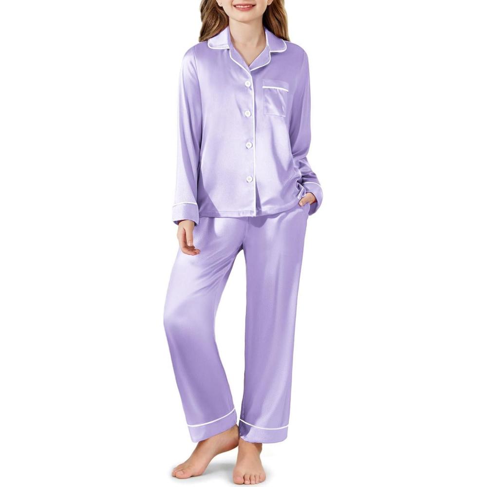 imageArshiner Girls Pajamas Silk Satin Pajama Set Long Sleeve Pjs Button Down SleepwearLight Purple