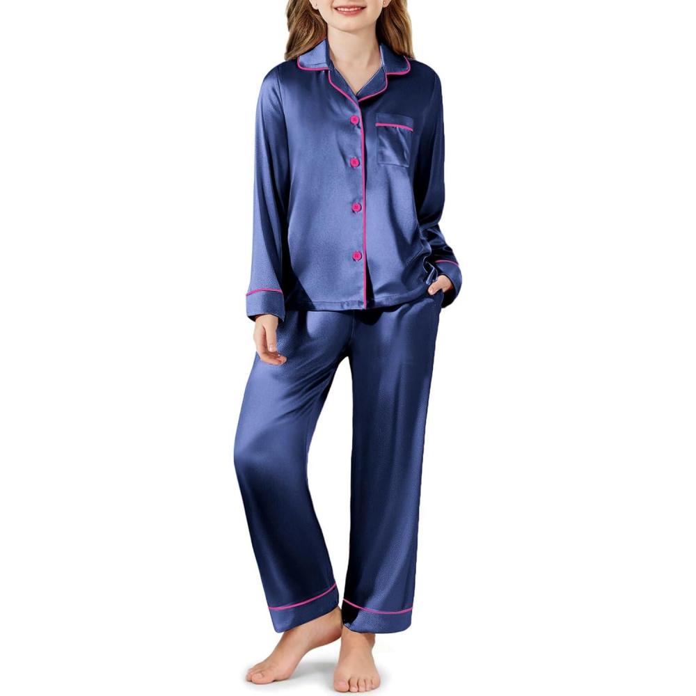 imageArshiner Girls Pajamas Silk Satin Pajama Set Long Sleeve Pjs Button Down SleepwearNavy